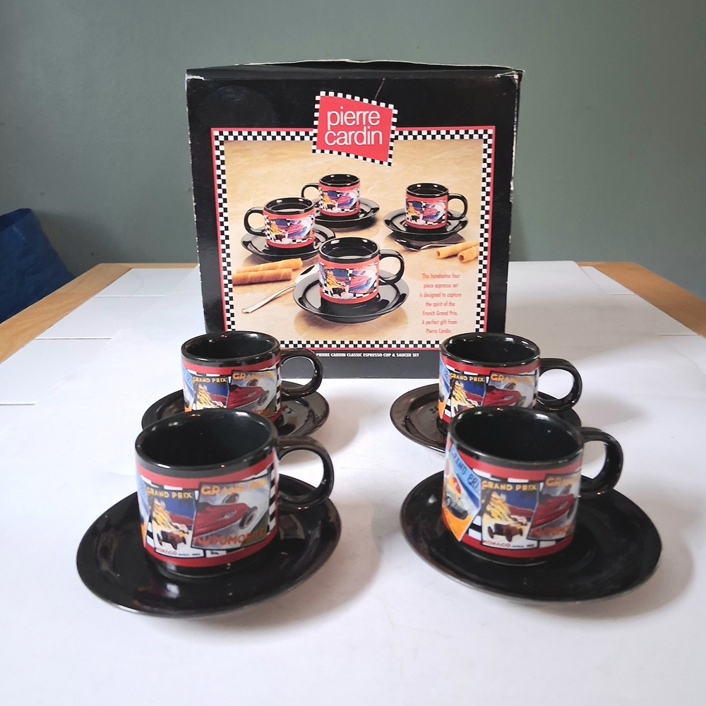 Pierre Cardin French Grand Prix Ceramic Espresso 8pc Cup & Saucer Set W/ Box